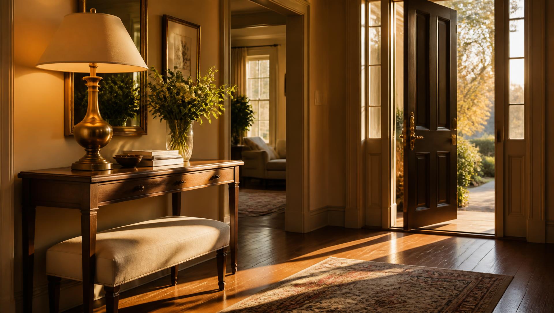 Sunlit entry of an elegant New England home
